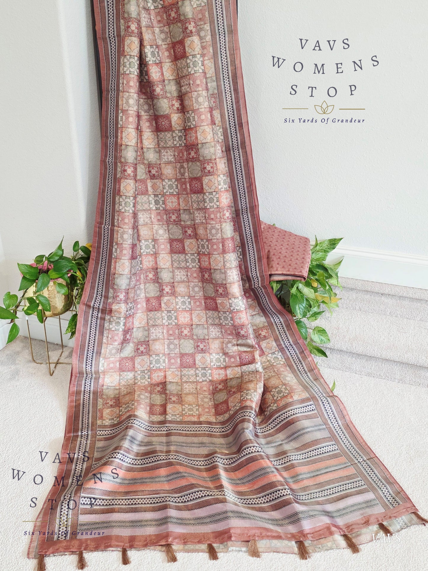 Ajrakh Print Checkered Pattern Semi Tussar Silk Saree