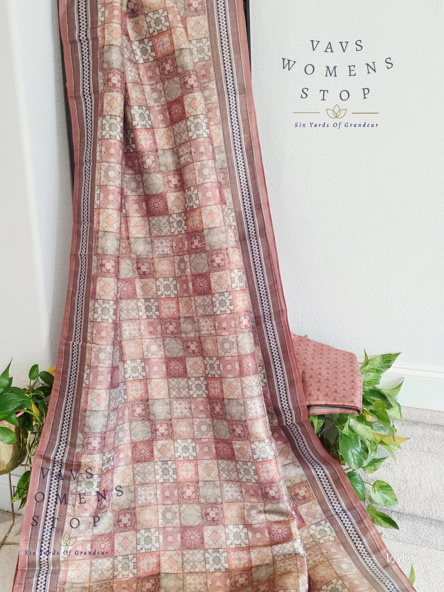 Ajrakh Print Checkered Pattern Semi Tussar Silk Saree