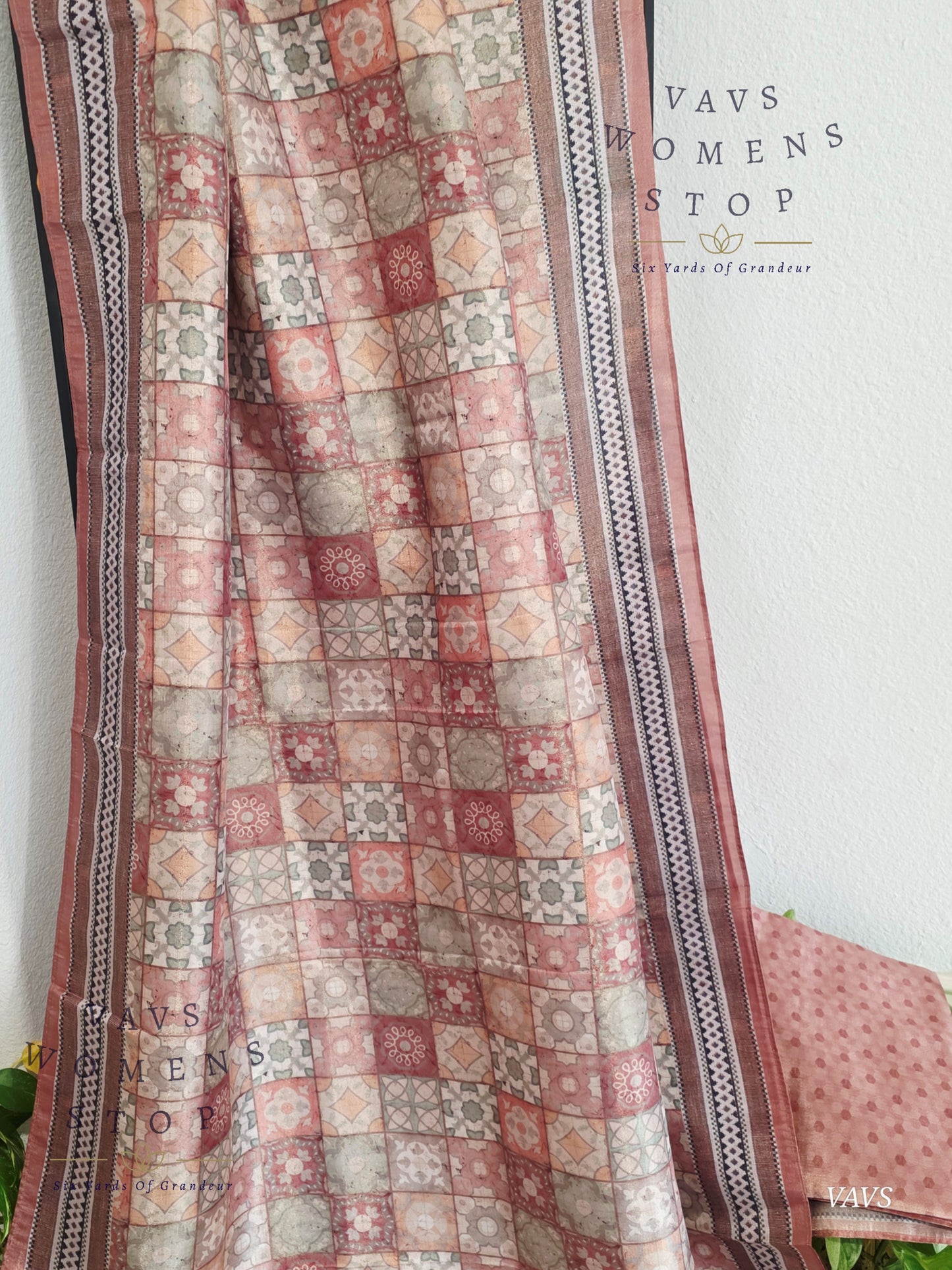 Ajrakh Print Checkered Pattern Semi Tussar Silk Saree