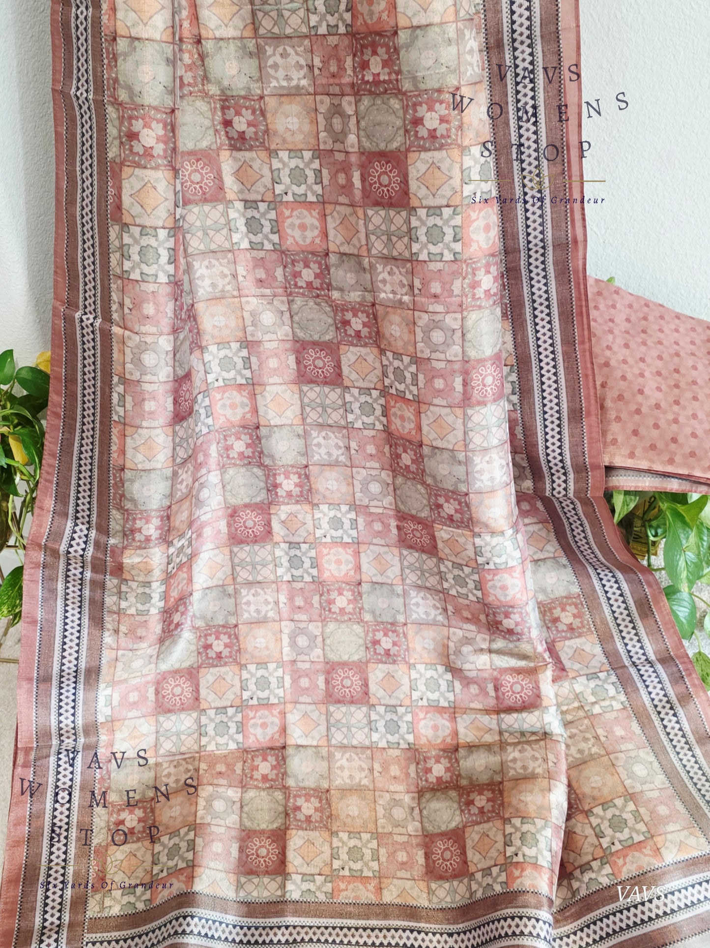 Ajrakh Print Checkered Pattern Semi Tussar Silk Saree