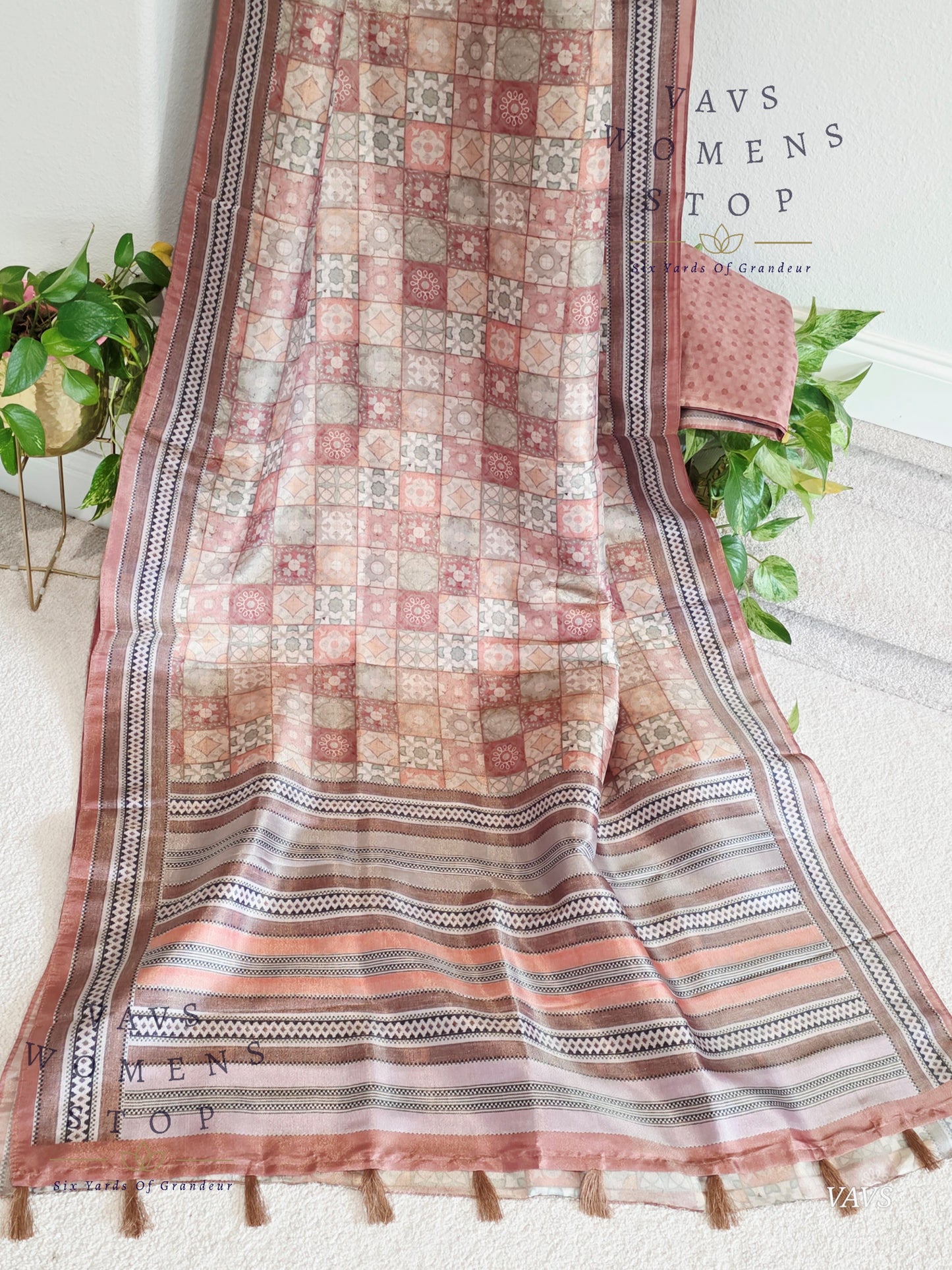Ajrakh Print Checkered Pattern Semi Tussar Silk Saree