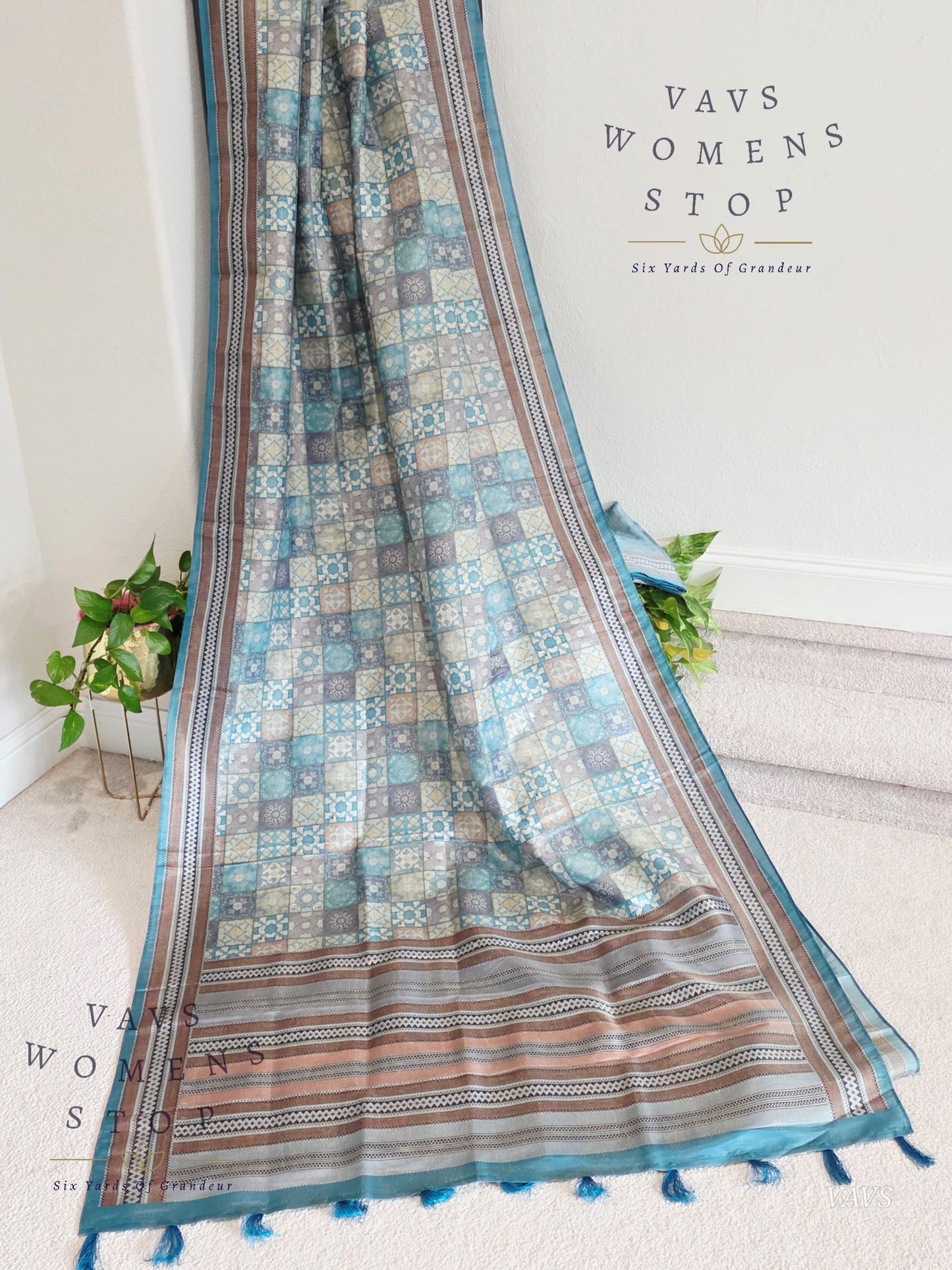 Ajrakh Print Checkered Pattern Semi Tussar Silk Saree