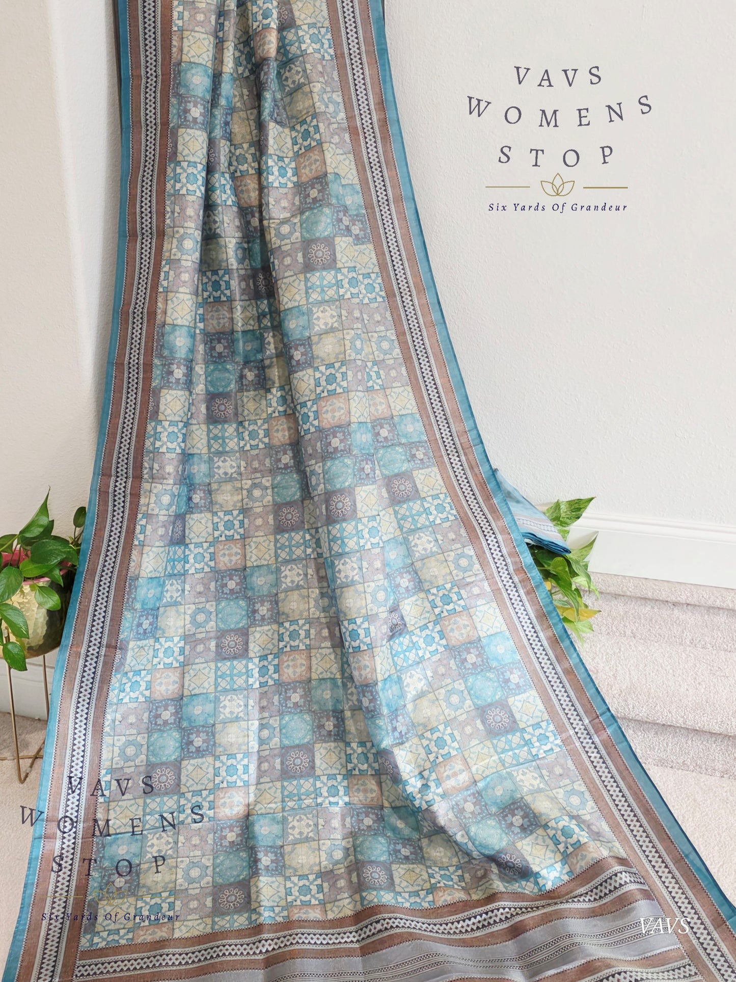 Ajrakh Print Checkered Pattern Semi Tussar Silk Saree