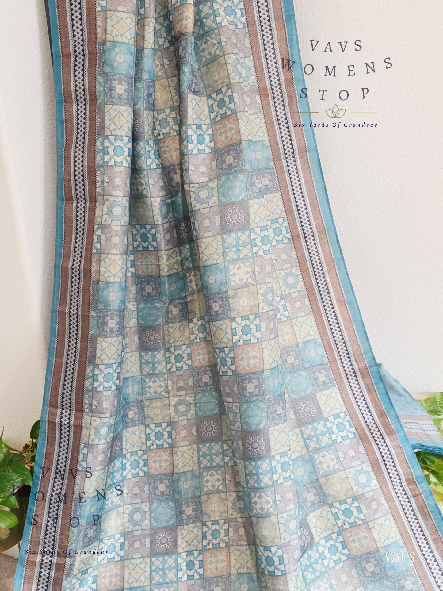 Ajrakh Print Checkered Pattern Semi Tussar Silk Saree