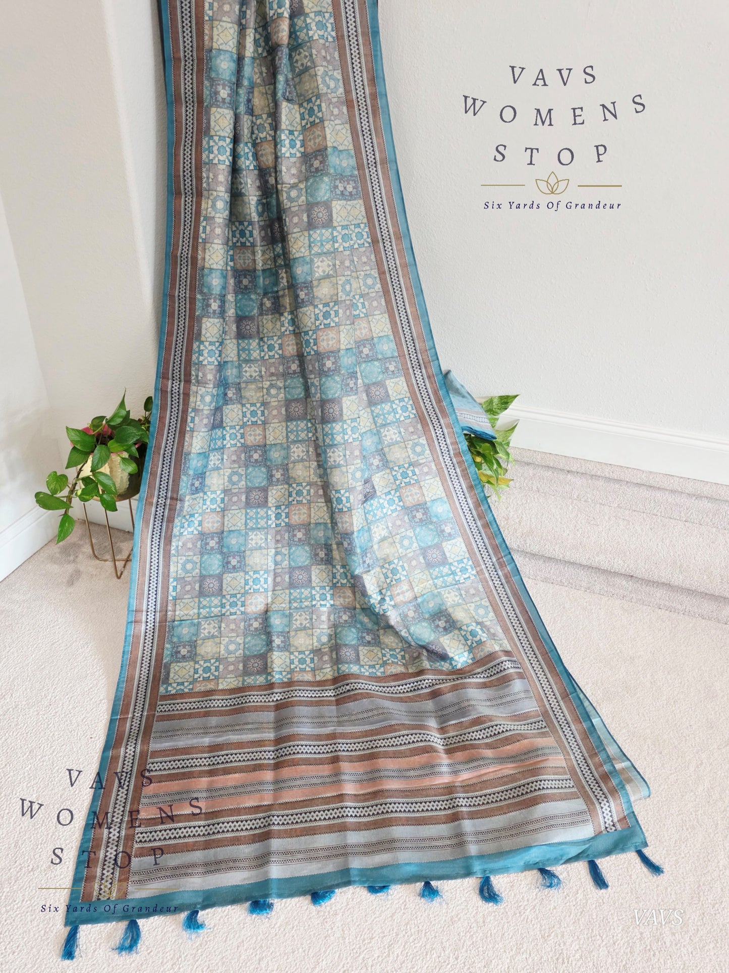 Ajrakh Print Checkered Pattern Semi Tussar Silk Saree