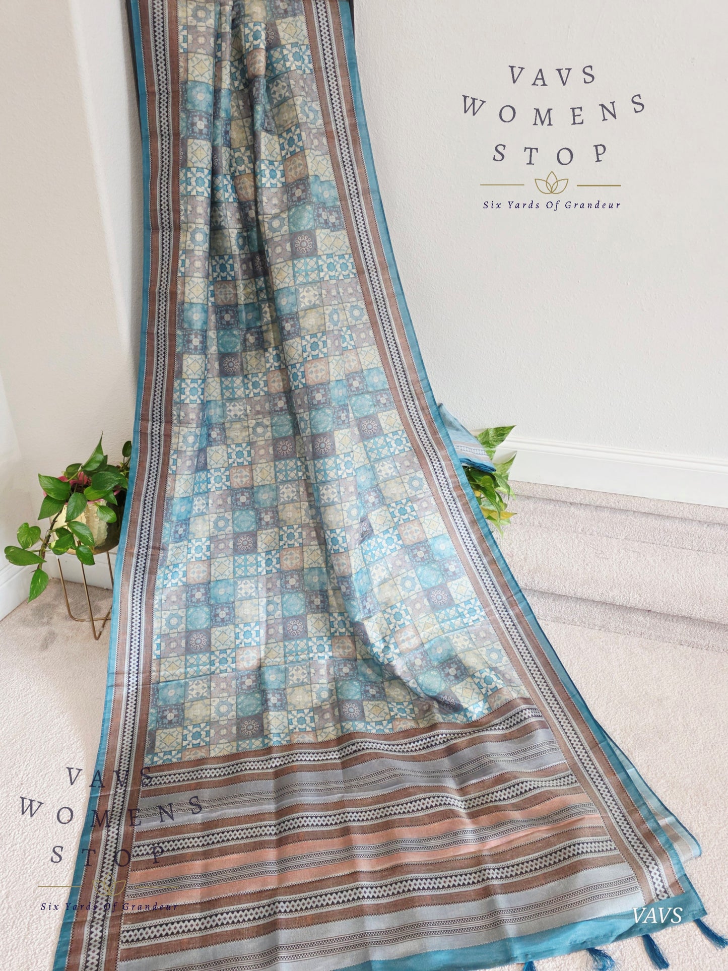 Ajrakh Print Checkered Pattern Semi Tussar Silk Saree