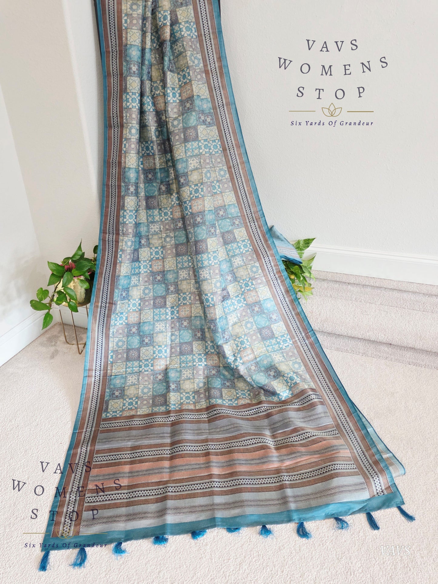 Ajrakh Print Checkered Pattern Semi Tussar Silk Saree