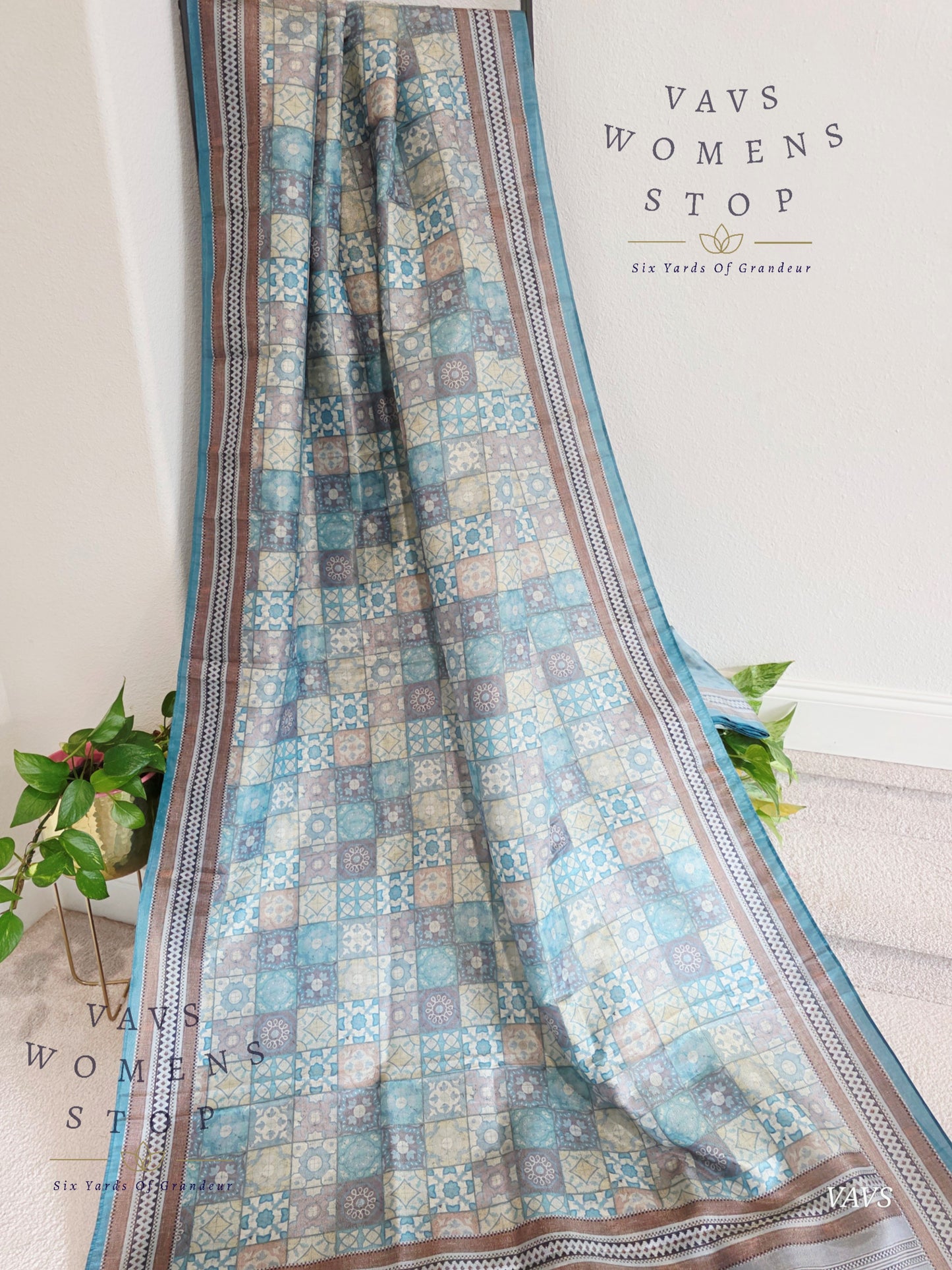 Ajrakh Print Checkered Pattern Semi Tussar Silk Saree