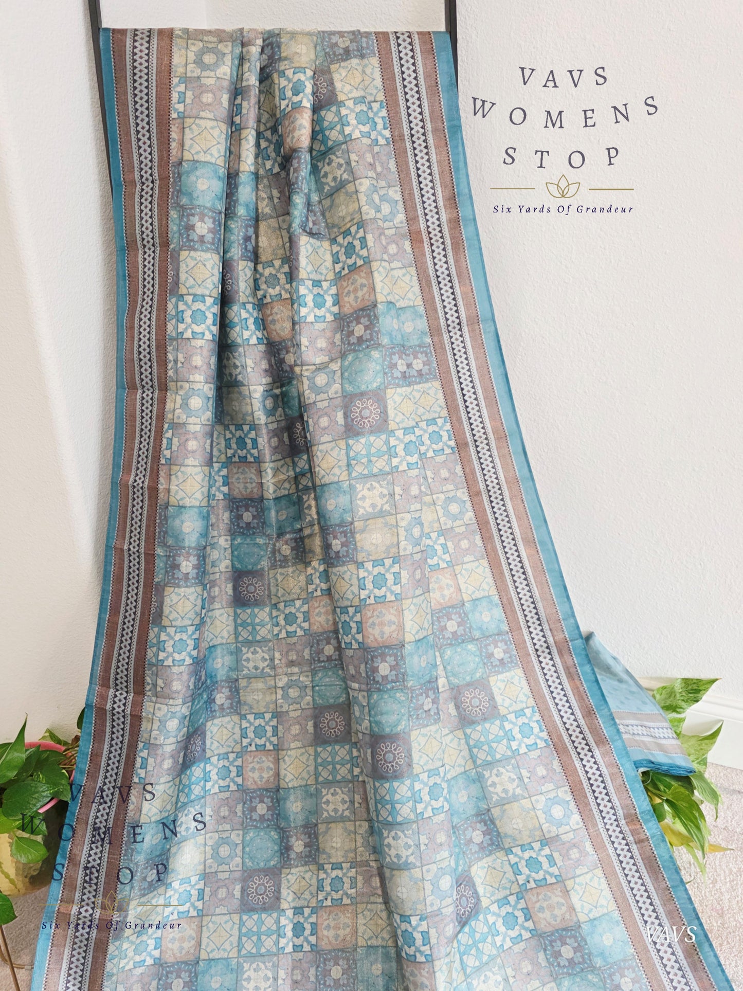 Ajrakh Print Checkered Pattern Semi Tussar Silk Saree