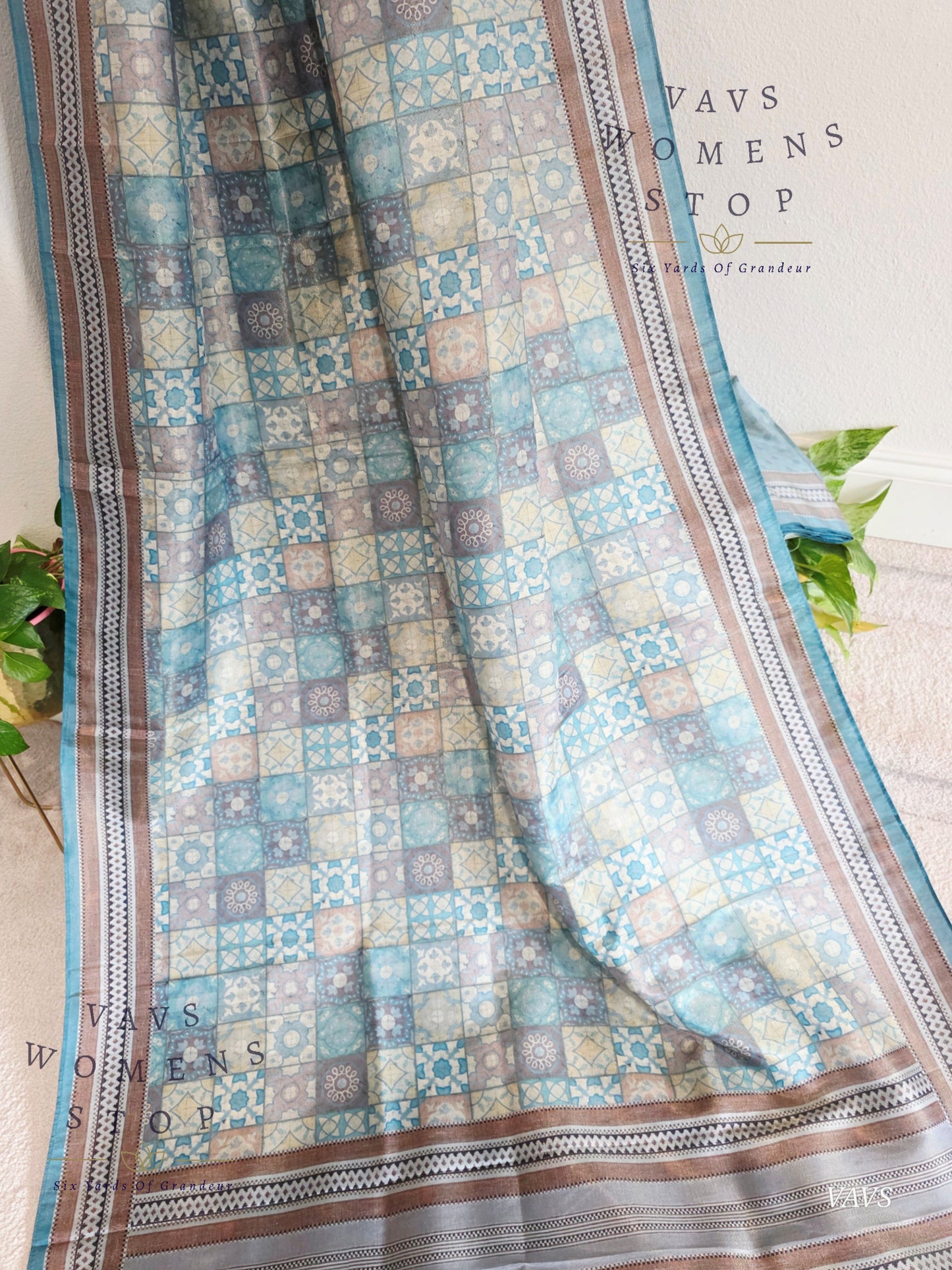 Ajrakh Print Checkered Pattern Semi Tussar Silk Saree