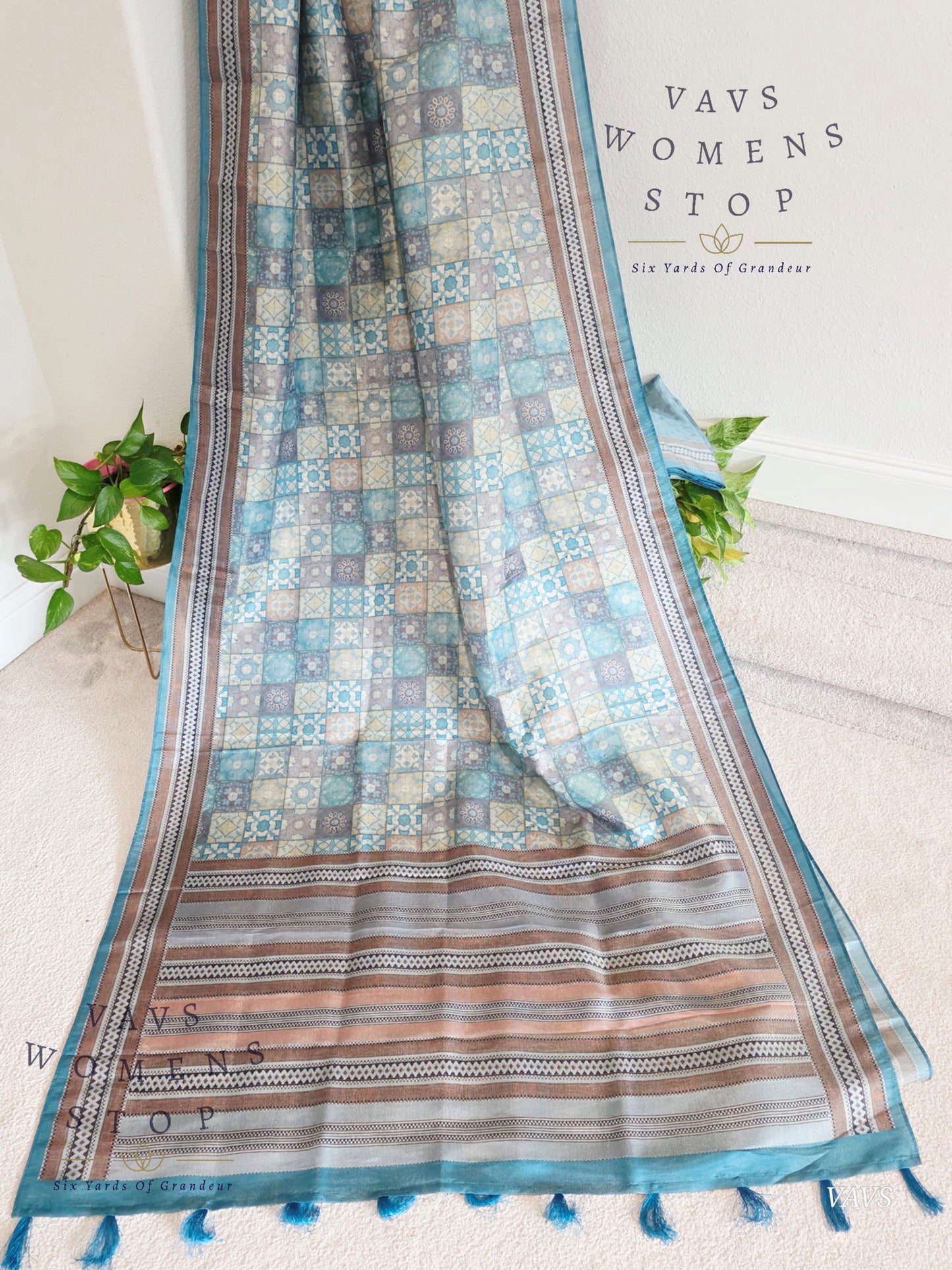 Ajrakh Print Checkered Pattern Semi Tussar Silk Saree