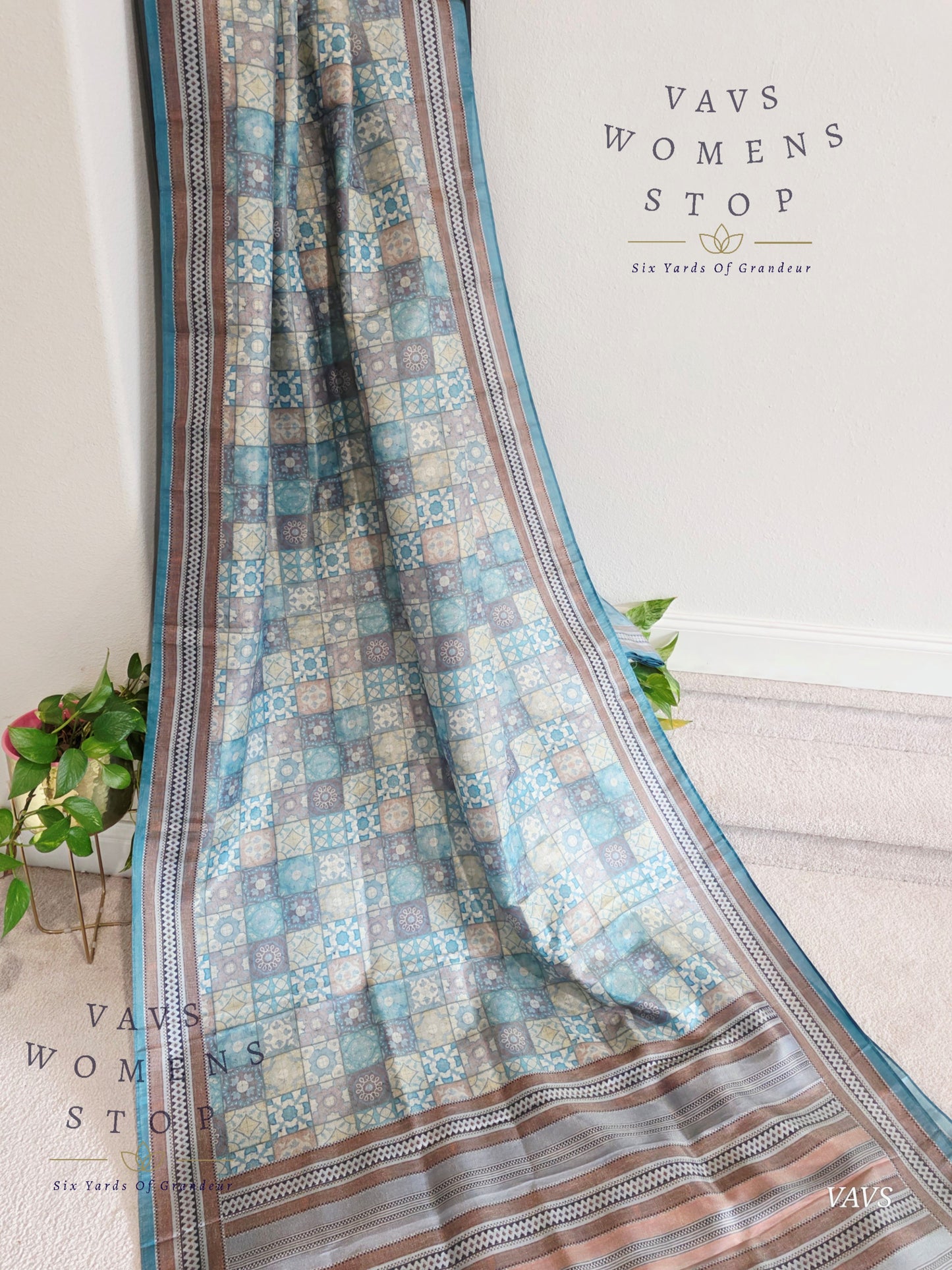 Ajrakh Print Checkered Pattern Semi Tussar Silk Saree