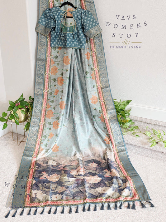 Teal Shade Soft Banarasi Silk Saree with Pichwai Print & Stitched Blouse