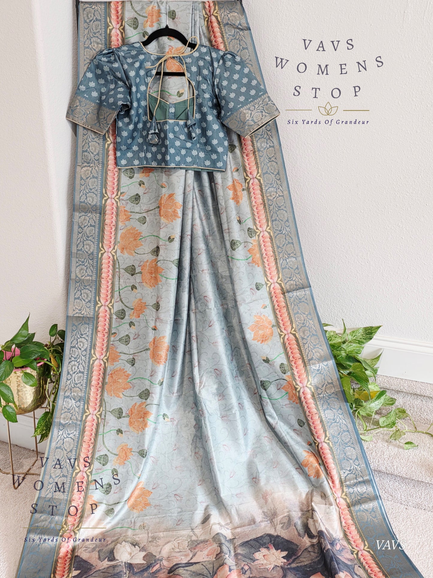 Teal Shade Soft Banarasi Silk Saree with Pichwai Print & Stitched Blouse