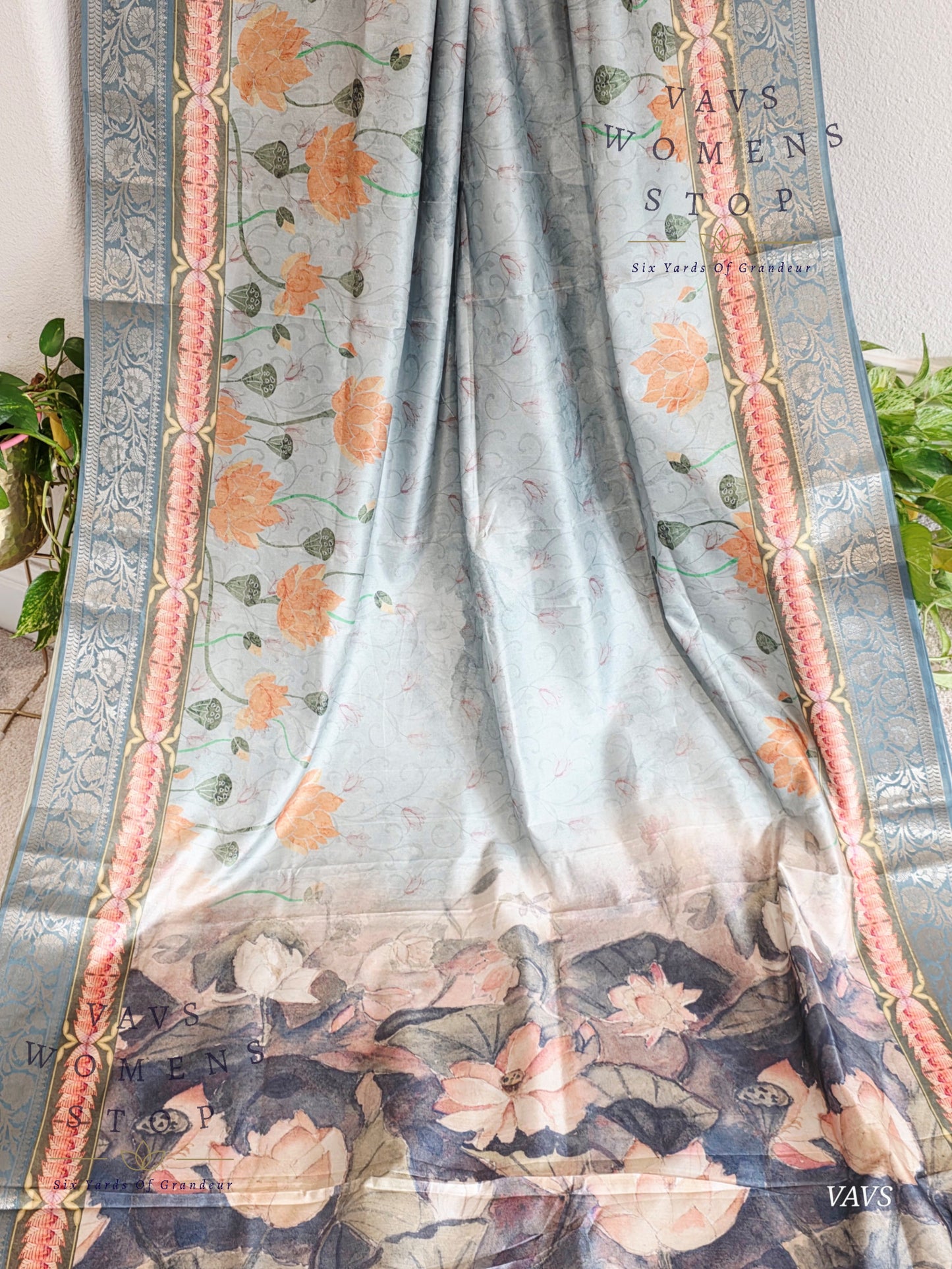 Teal Shade Soft Banarasi Silk Saree with Pichwai Print & Stitched Blouse