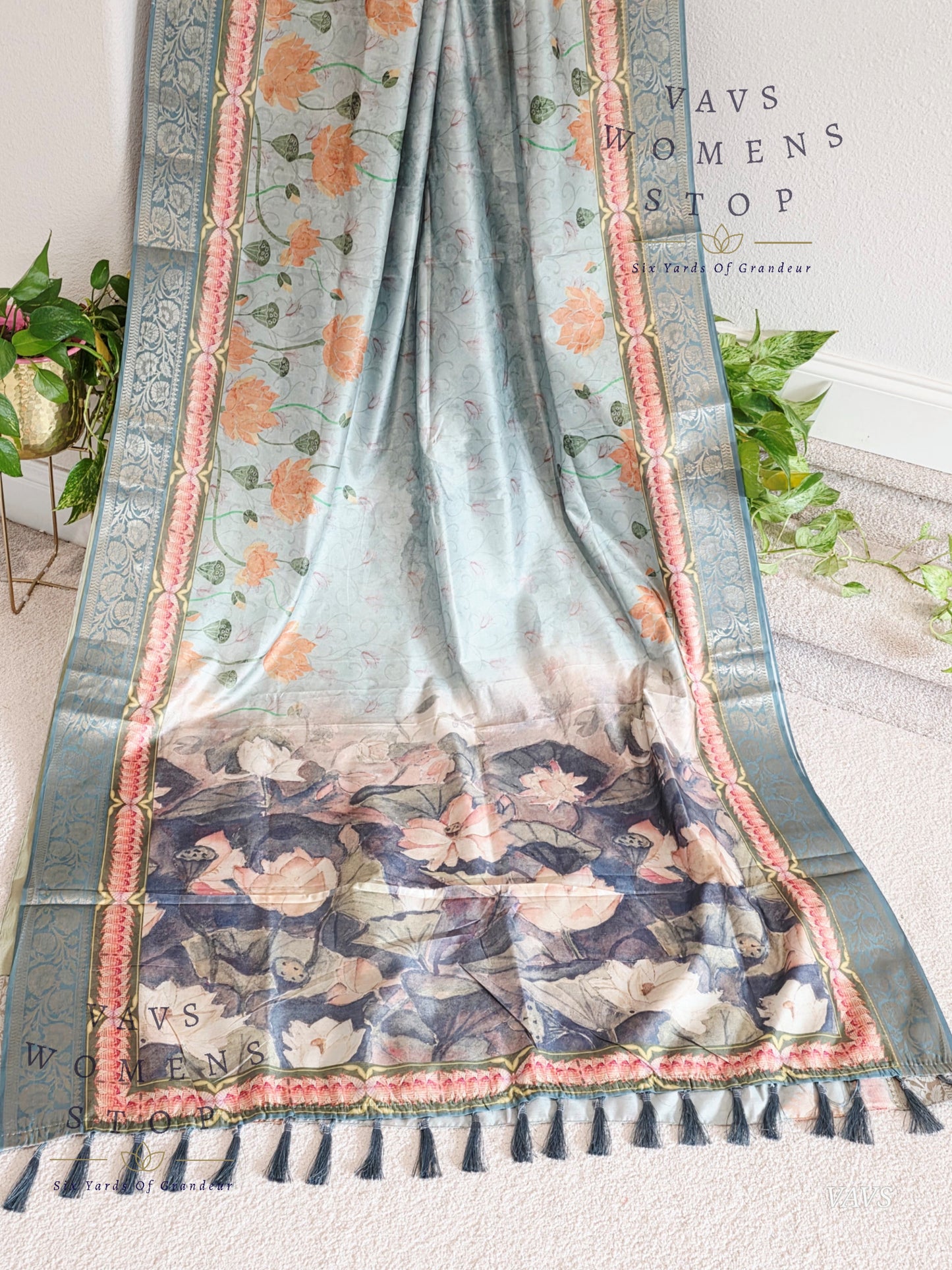 Teal Shade Soft Banarasi Silk Saree with Pichwai Print & Stitched Blouse