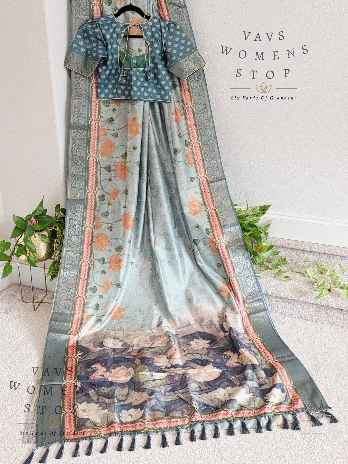Teal Shade Soft Banarasi Silk Saree with Pichwai Print & Stitched Blouse