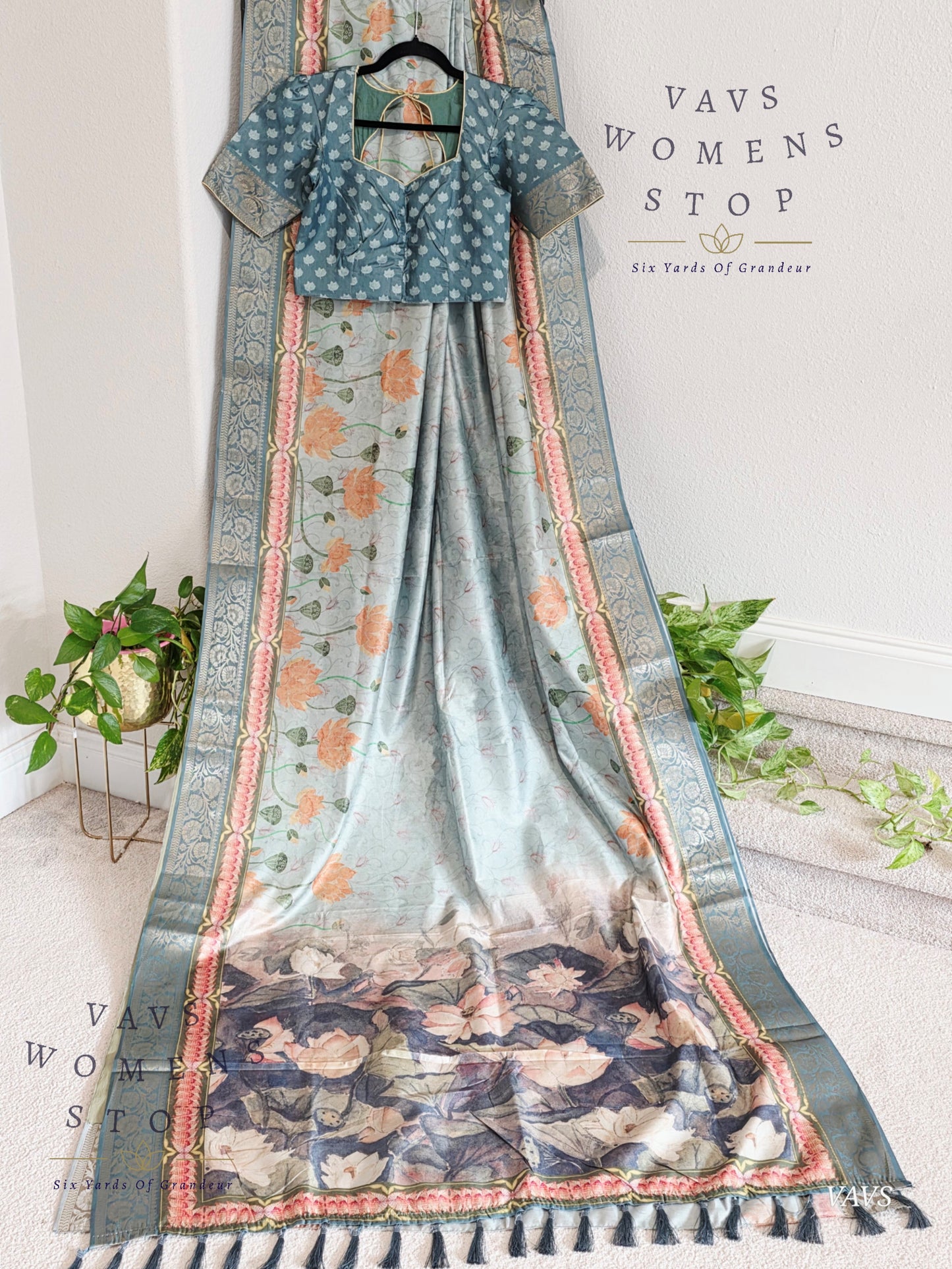 Teal Shade Soft Banarasi Silk Saree with Pichwai Print & Stitched Blouse