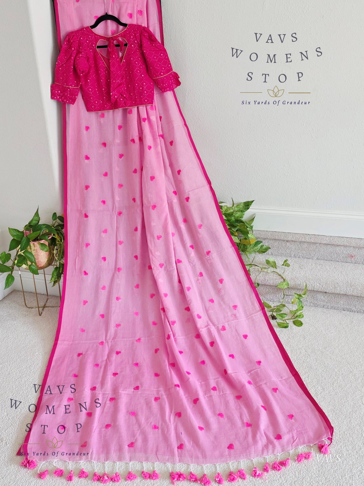 Soft Mul Cotton Saree with Heart Buta Embroidery & Pink Georgette Blouse