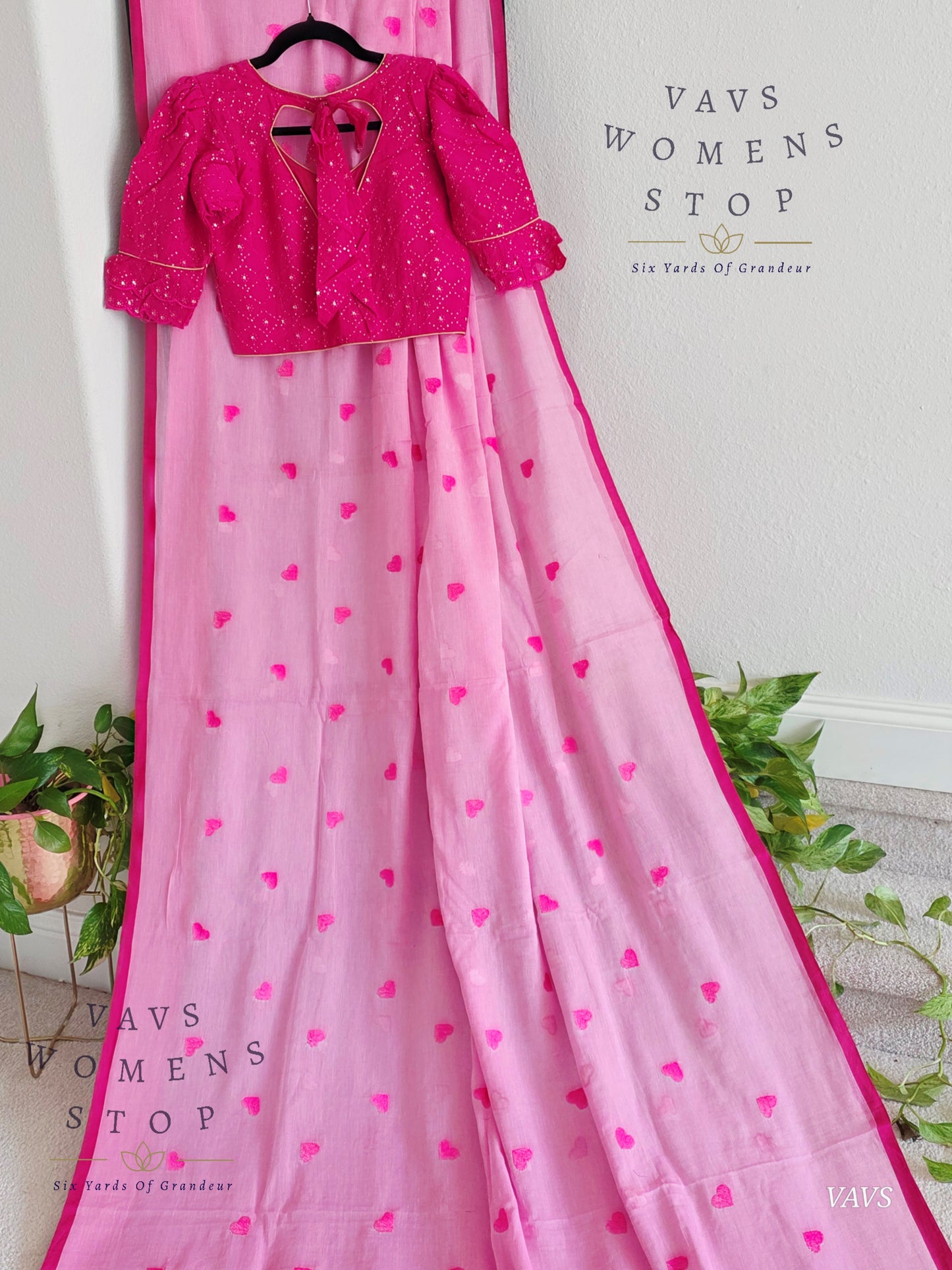 Soft Mul Cotton Saree with Heart Buta Embroidery & Pink Georgette Blouse