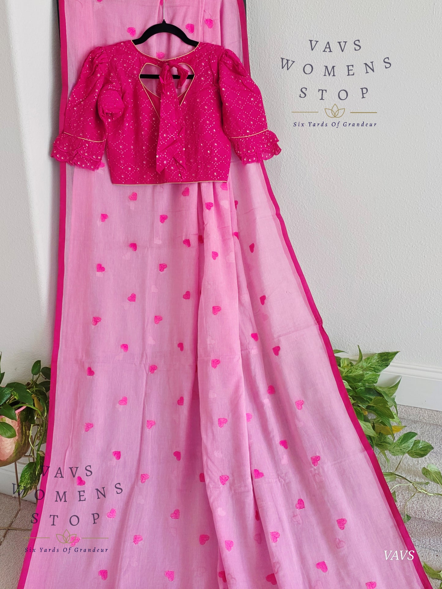 Soft Mul Cotton Saree with Heart Buta Embroidery & Pink Georgette Blouse