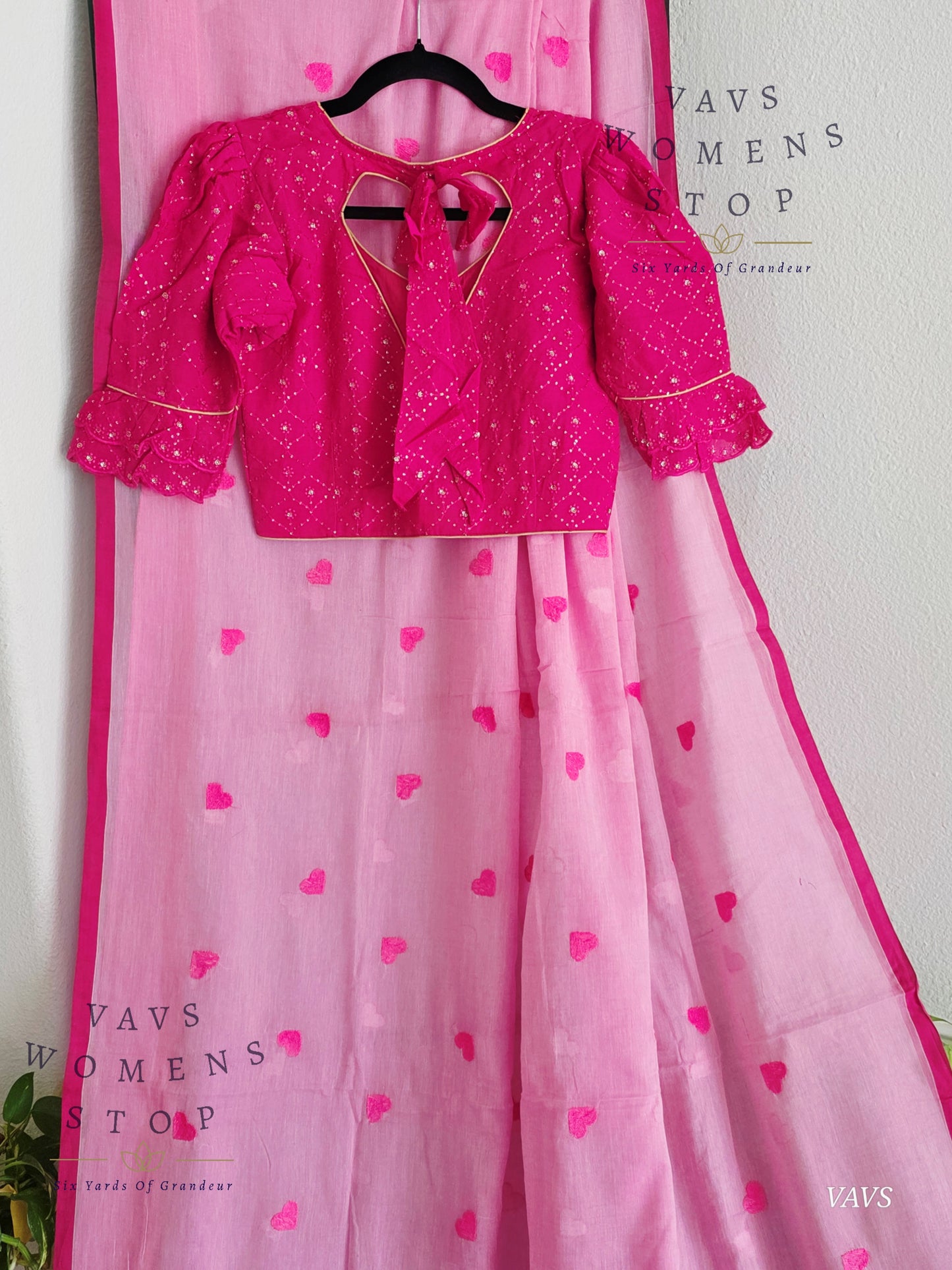 Soft Mul Cotton Saree with Heart Buta Embroidery & Pink Georgette Blouse