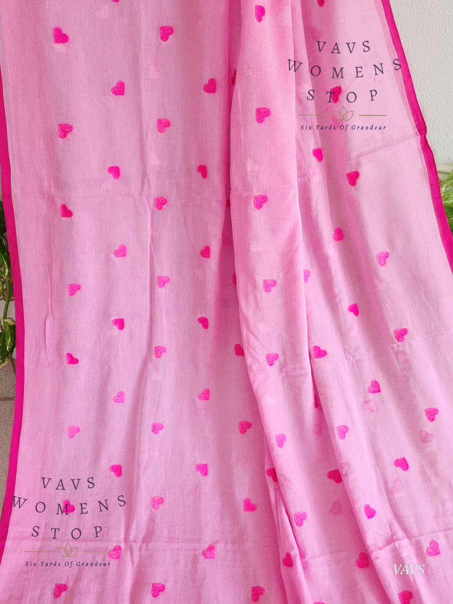 Soft Mul Cotton Saree with Heart Buta Embroidery & Pink Georgette Blouse