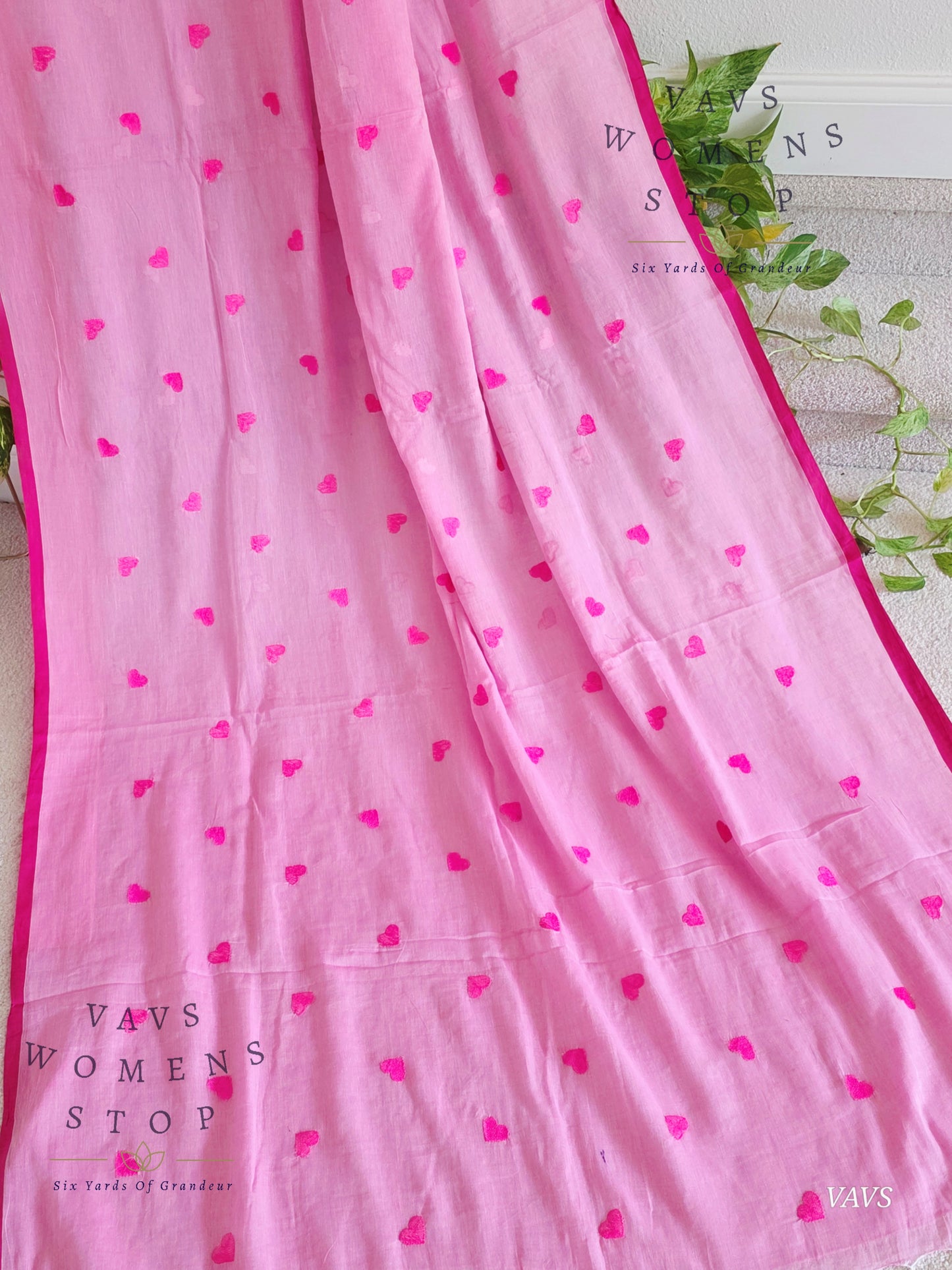 Soft Mul Cotton Saree with Heart Buta Embroidery & Pink Georgette Blouse