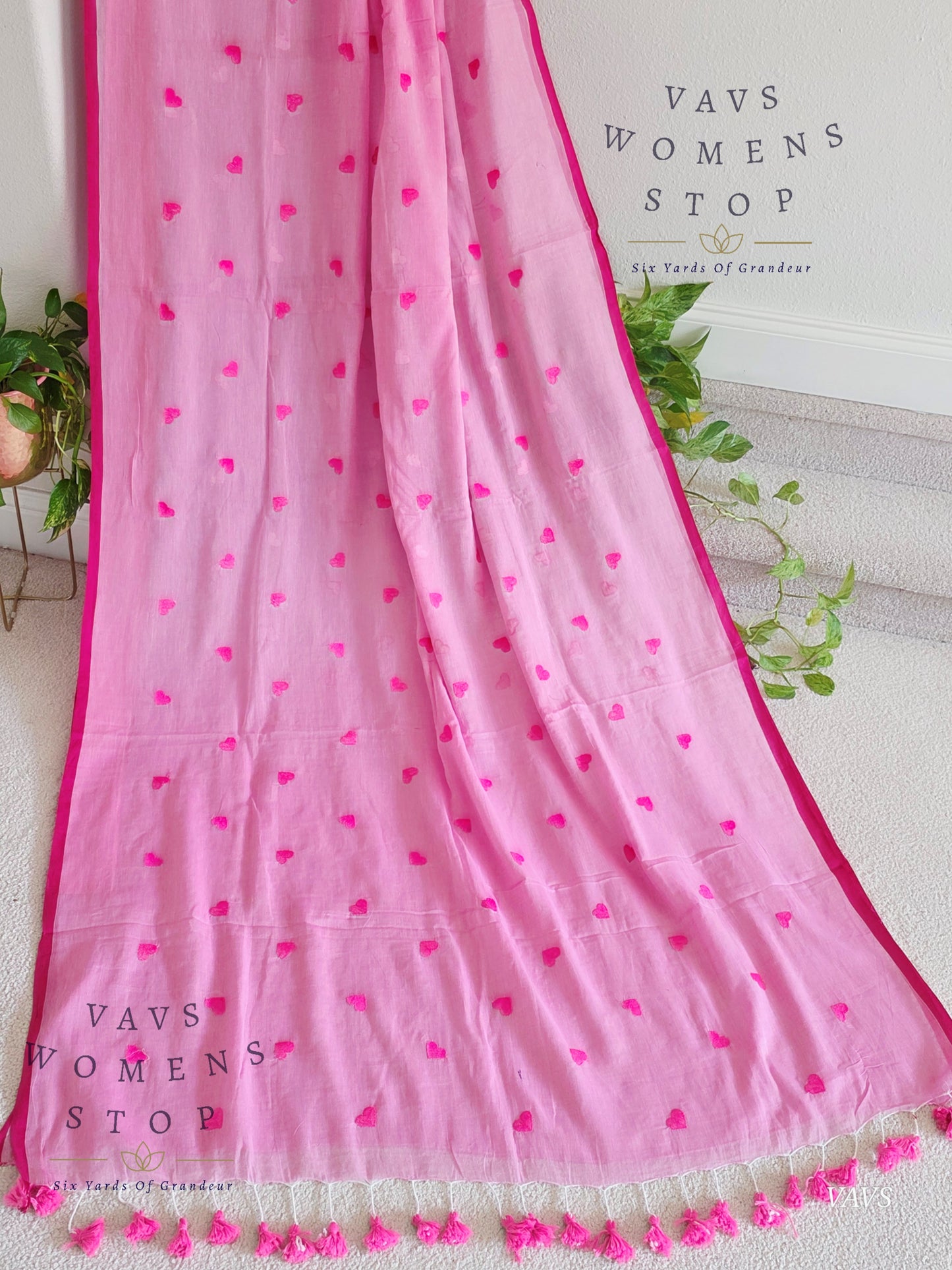 Soft Mul Cotton Saree with Heart Buta Embroidery & Pink Georgette Blouse