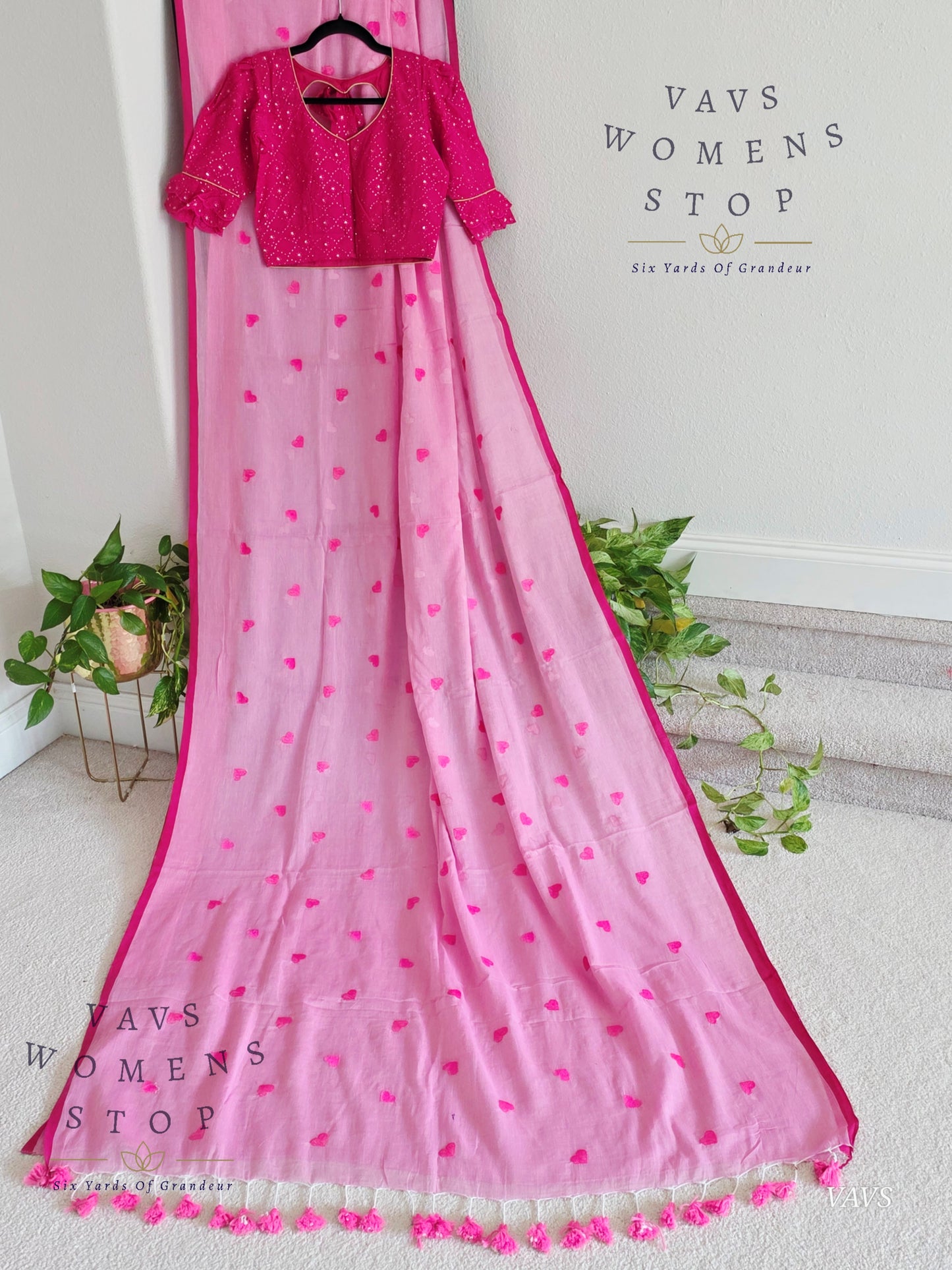 Soft Mul Cotton Saree with Heart Buta Embroidery & Pink Georgette Blouse