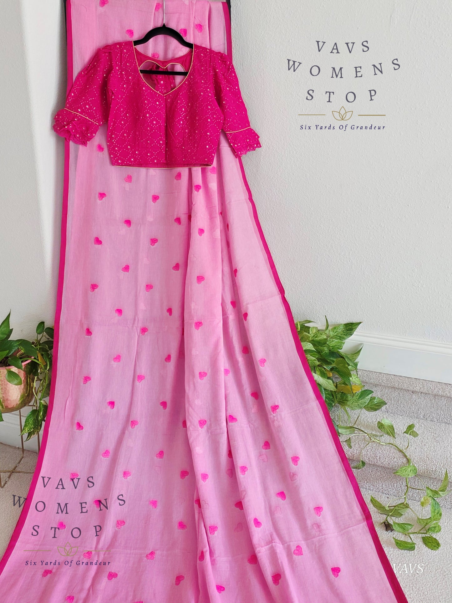 Soft Mul Cotton Saree with Heart Buta Embroidery & Pink Georgette Blouse