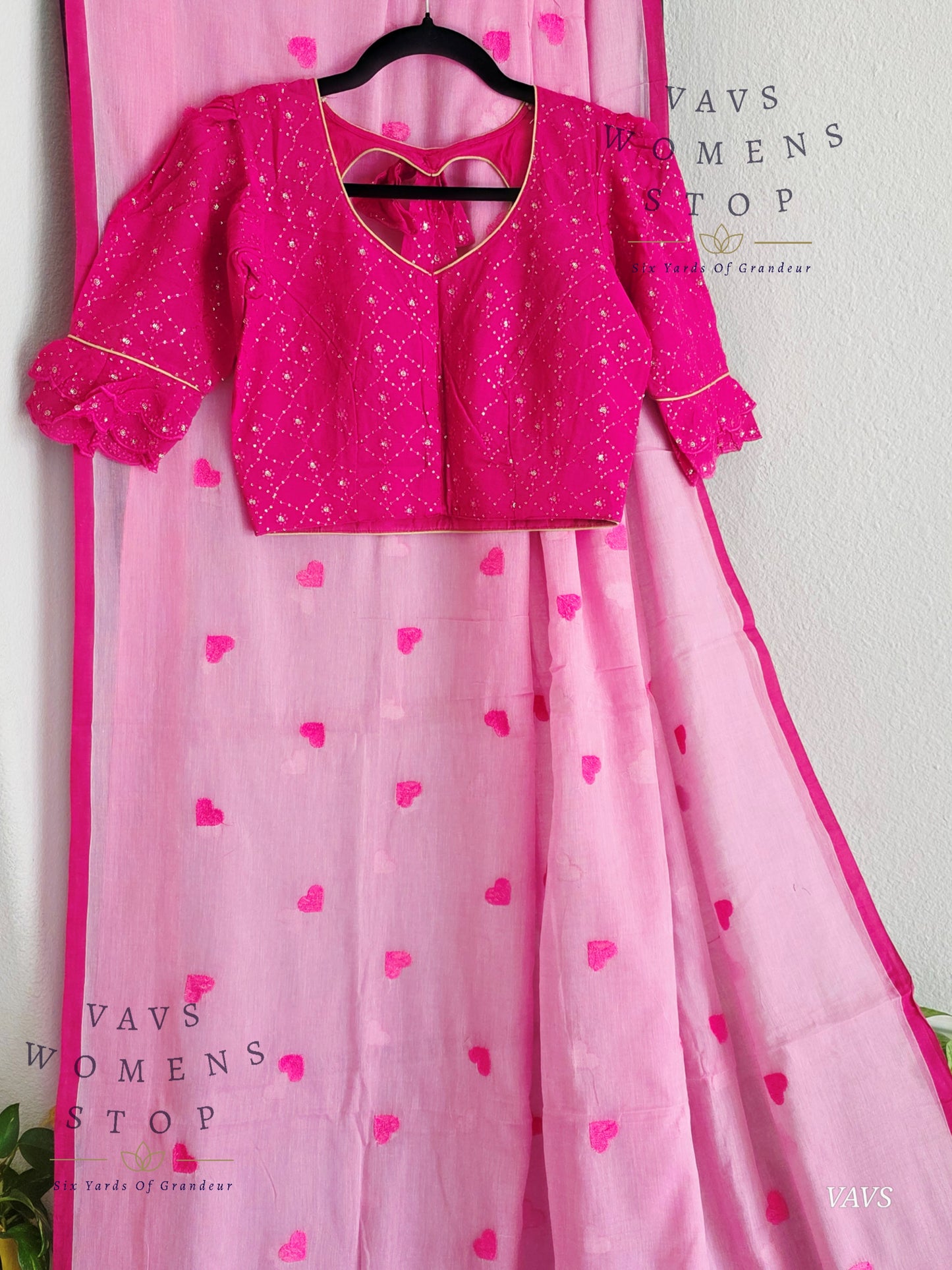 Soft Mul Cotton Saree with Heart Buta Embroidery & Pink Georgette Blouse