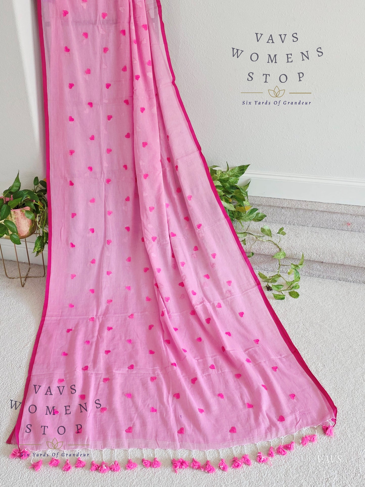 Soft Mul Cotton Saree with Heart Buta Embroidery & Pink Georgette Blouse
