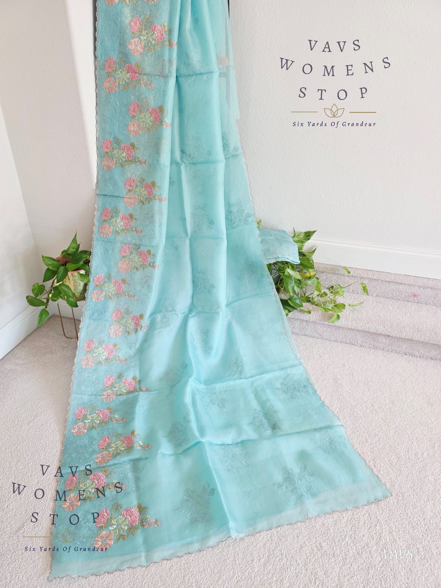 Pure Kora Organza Matte Embroidery Saree in Pastel Shade with Designer Stitched Blouse