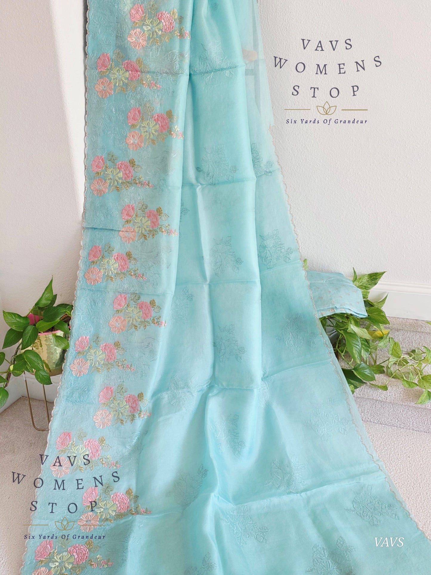 Pure Kora Organza Matte Embroidery Saree in Pastel Shade with Designer Stitched Blouse
