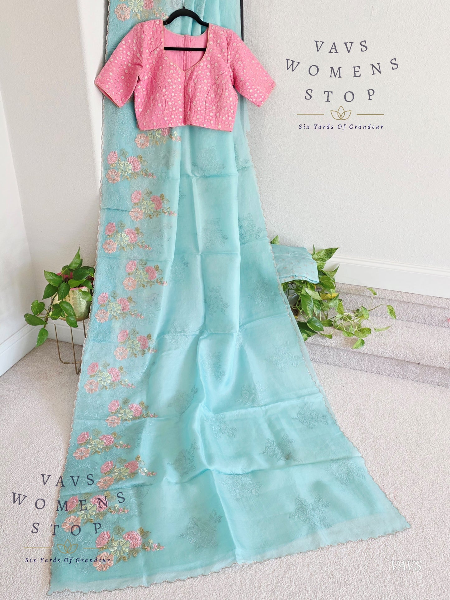 Pure Kora Organza Matte Embroidery Saree in Pastel Shade with Designer Stitched Blouse