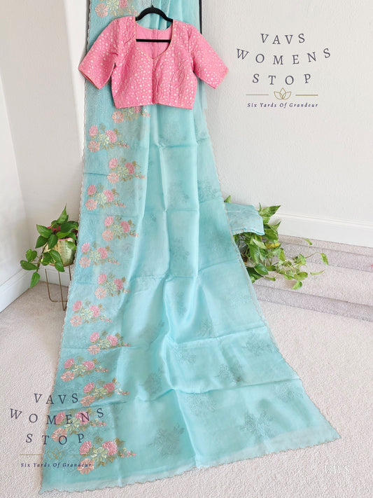 Pure Kora Organza Matte Embroidery Saree in Pastel Shade with Designer Stitched Blouse