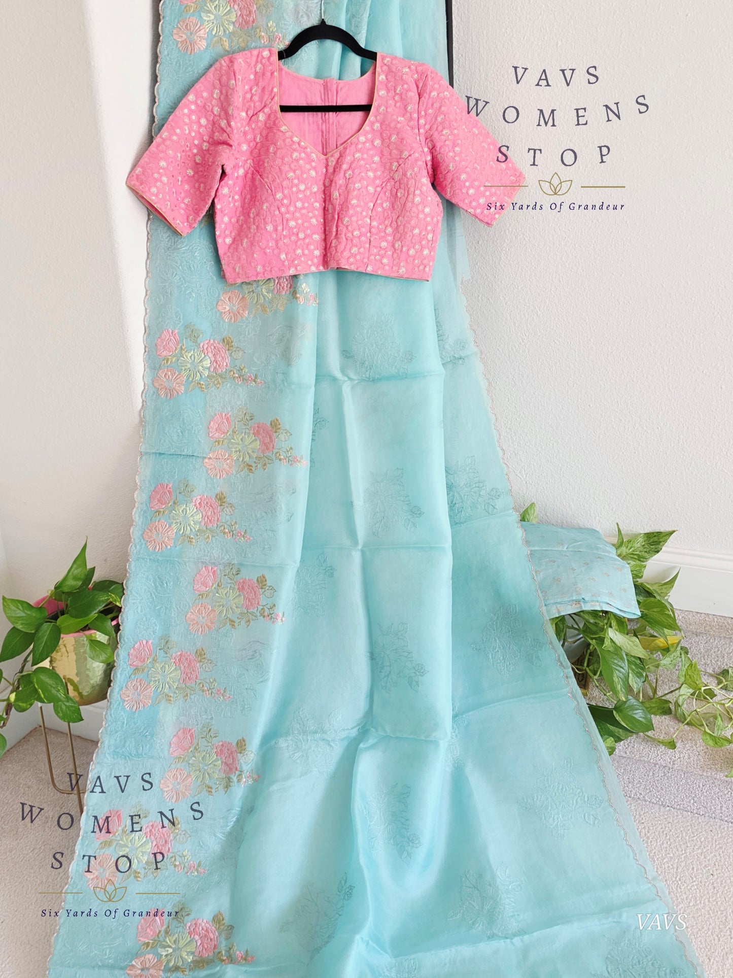 Pure Kora Organza Matte Embroidery Saree in Pastel Shade with Designer Stitched Blouse