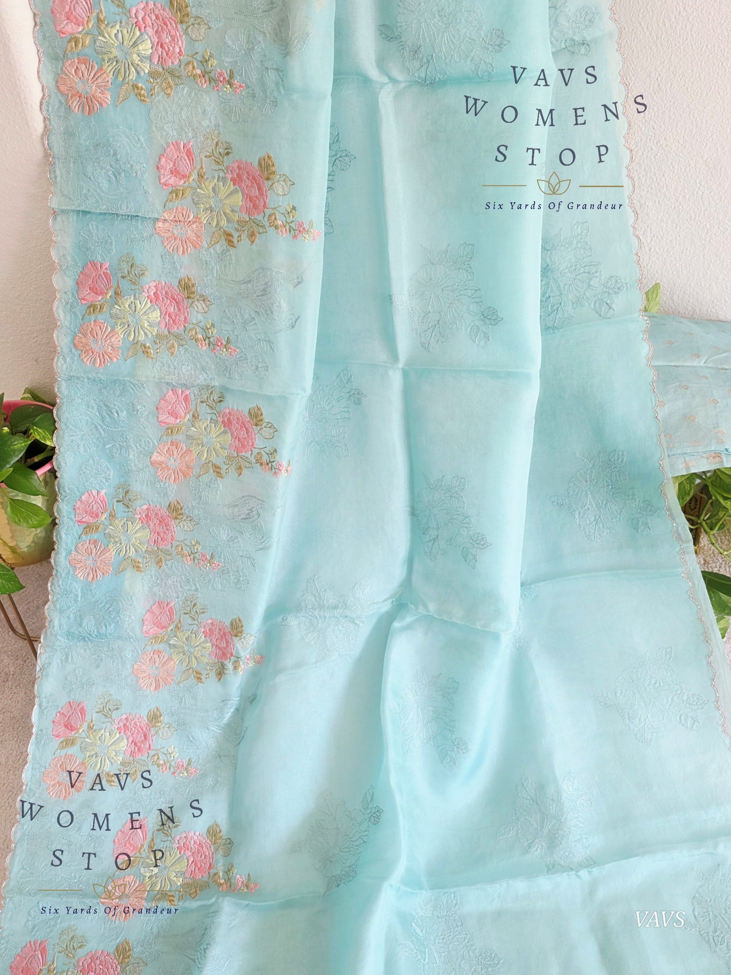 Pure Kora Organza Matte Embroidery Saree in Pastel Shade with Designer Stitched Blouse
