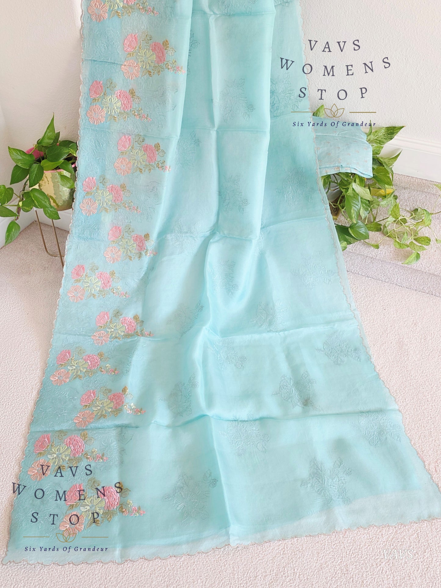 Pure Kora Organza Matte Embroidery Saree in Pastel Shade with Designer Stitched Blouse