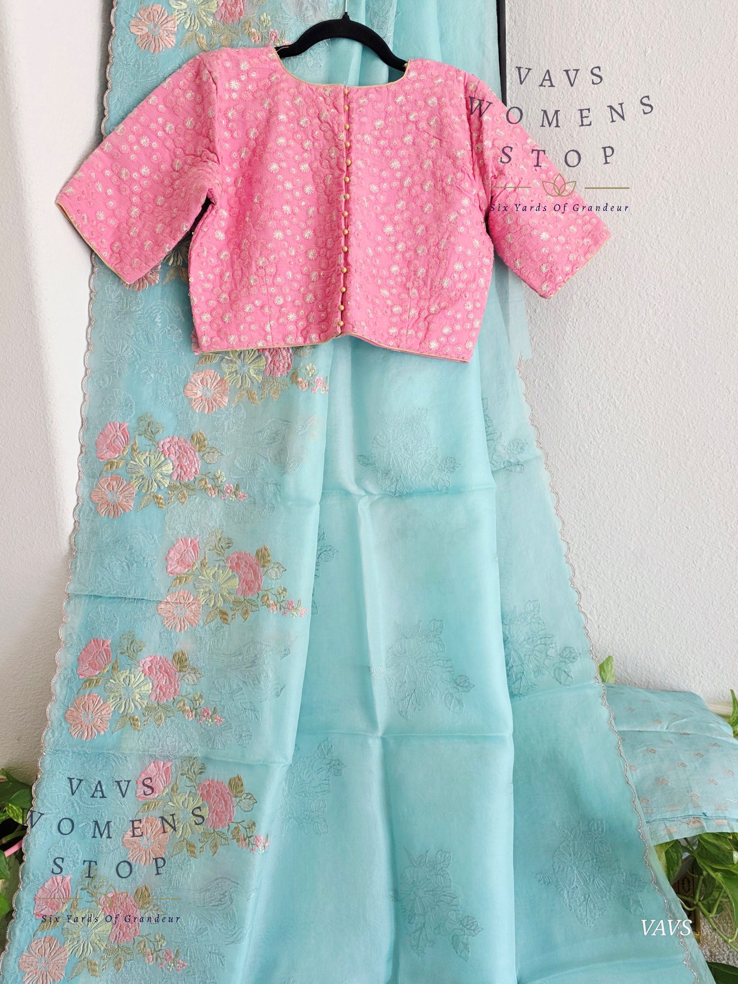 Pure Kora Organza Matte Embroidery Saree in Pastel Shade with Designer Stitched Blouse