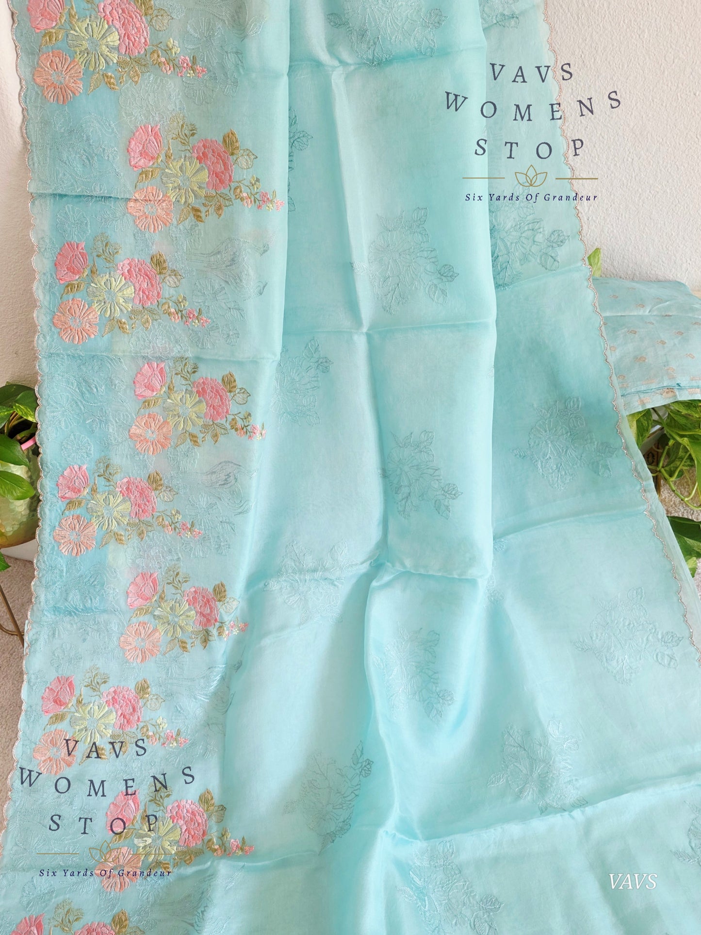 Pure Kora Organza Matte Embroidery Saree in Pastel Shade with Designer Stitched Blouse