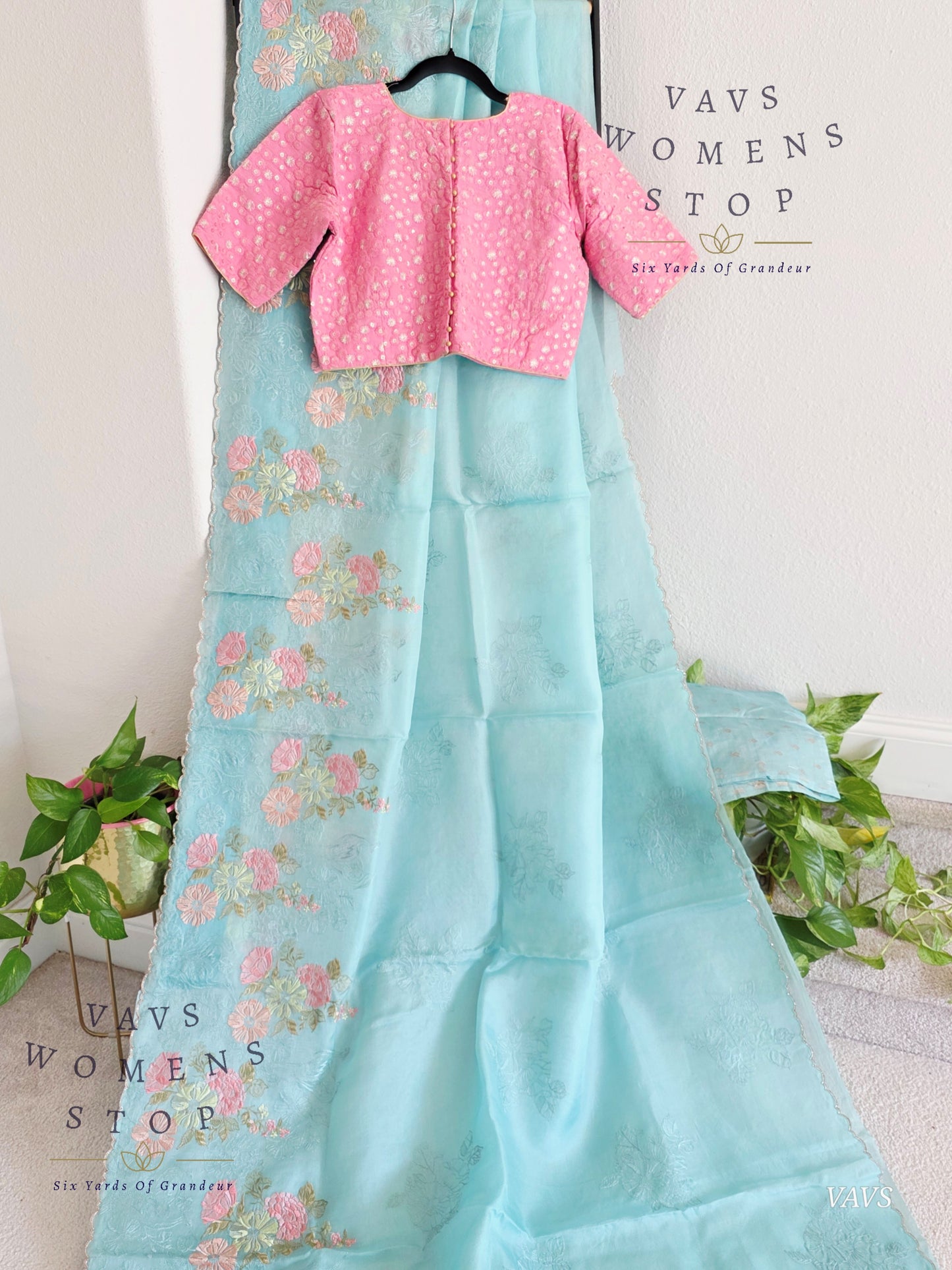 Pure Kora Organza Matte Embroidery Saree in Pastel Shade with Designer Stitched Blouse