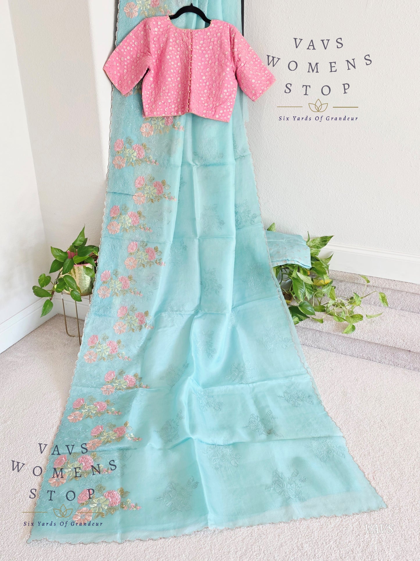Pure Kora Organza Matte Embroidery Saree in Pastel Shade with Designer Stitched Blouse