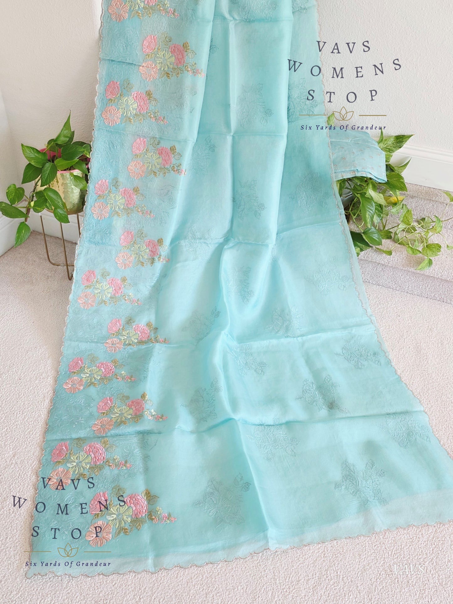 Pure Kora Organza Matte Embroidery Saree in Pastel Shade with Designer Stitched Blouse