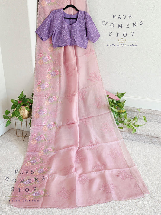 Pure Kora Organza Matte Embroidery Saree in Pastel Shade with Designer Stitched Blouse