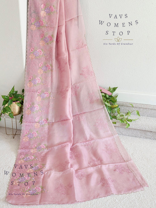 Pure Kora Organza Floral Matte Embroidery Saree – Pastel Shade | Ready to Ship