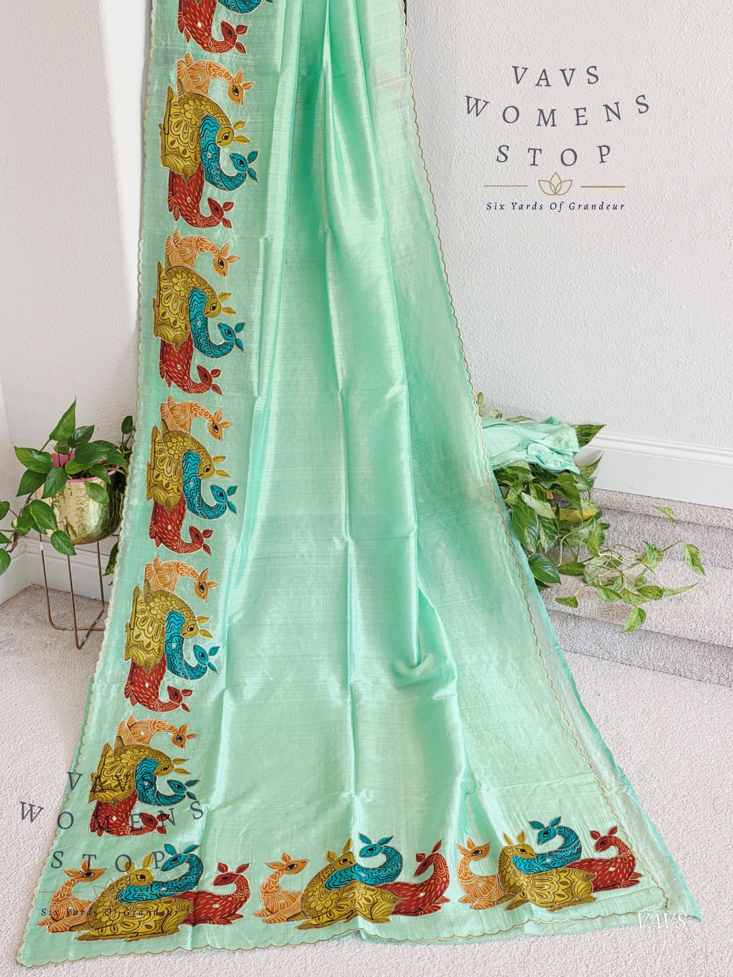 Sea Green Shade Mangalagiri Handloom Silk Cotton Saree with Appliqué Work