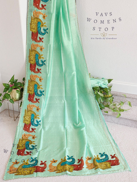 Sea Green Shade Mangalagiri Handloom Silk Cotton Saree with Appliqué Work