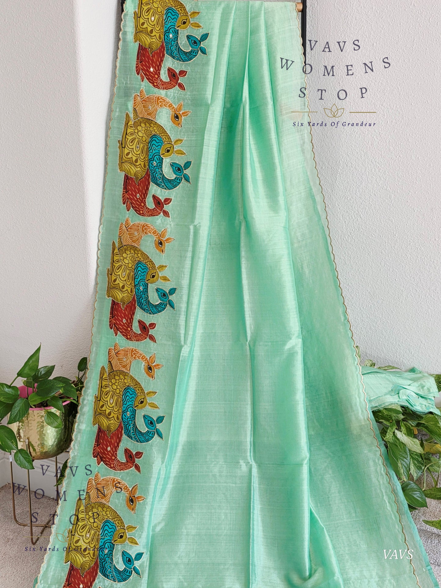 Sea Green Shade Mangalagiri Handloom Silk Cotton Saree with Appliqué Work